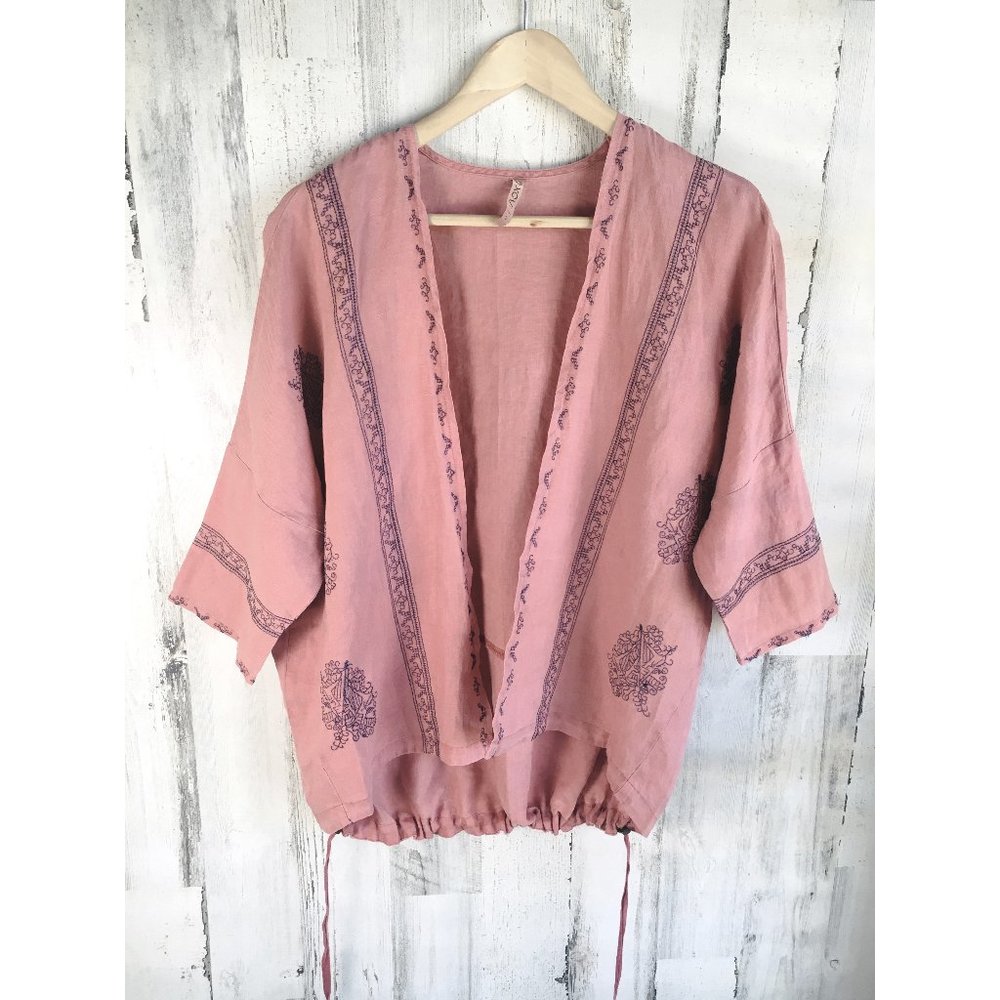 NWOT XCVI Linen Jacket Cardigan Hafra Coverup Pink Embroidered Open Front S